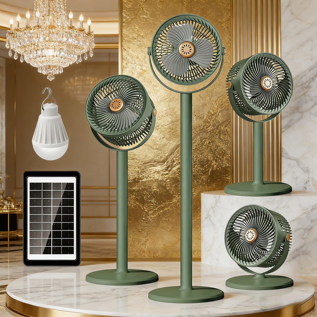 5-Speed Solar Powered Standing Fan, 4 Adjustable Heights Portable Outdoor Fan for Camping & Barbecue, Type-C Fast Charging, 4000mAh Long Lasting Battery, Brushless Motor Built-in Rechargeable Lithium Battery