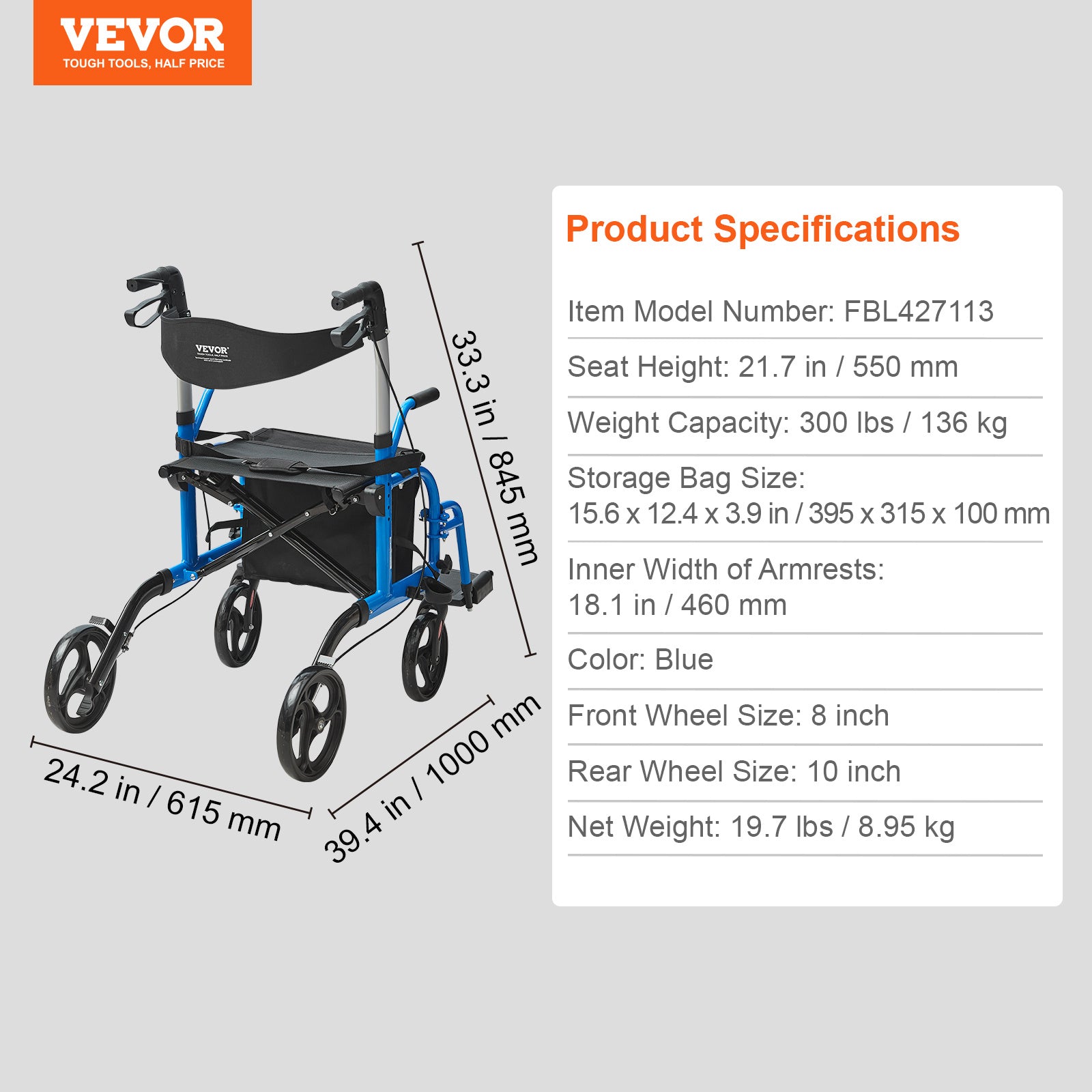 VEVOR 2合1助行器与轮椅，折叠式滚轮助行器，带脚踏，轻质铝合金，带可调节手柄，多地形轮，300磅承重，黑色/红色/蓝色
