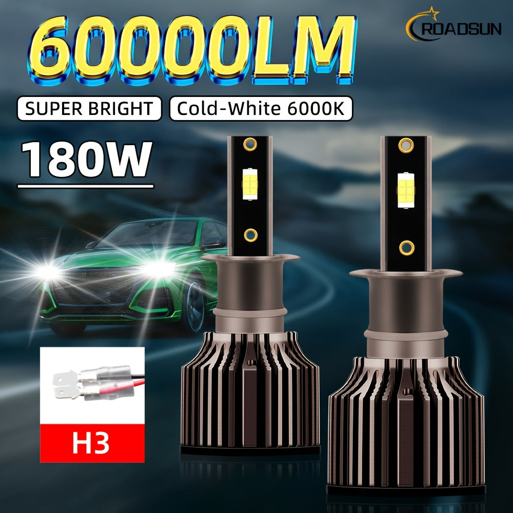 ROADSUN offers a set of 2 LED bulbs, compatible with H1, H7, H11, 9005, 9006, H4, H13, 9007 and 9004 types, providing a super bright output of 60000 lumens at 180 watts, and a color temperature of 6000K