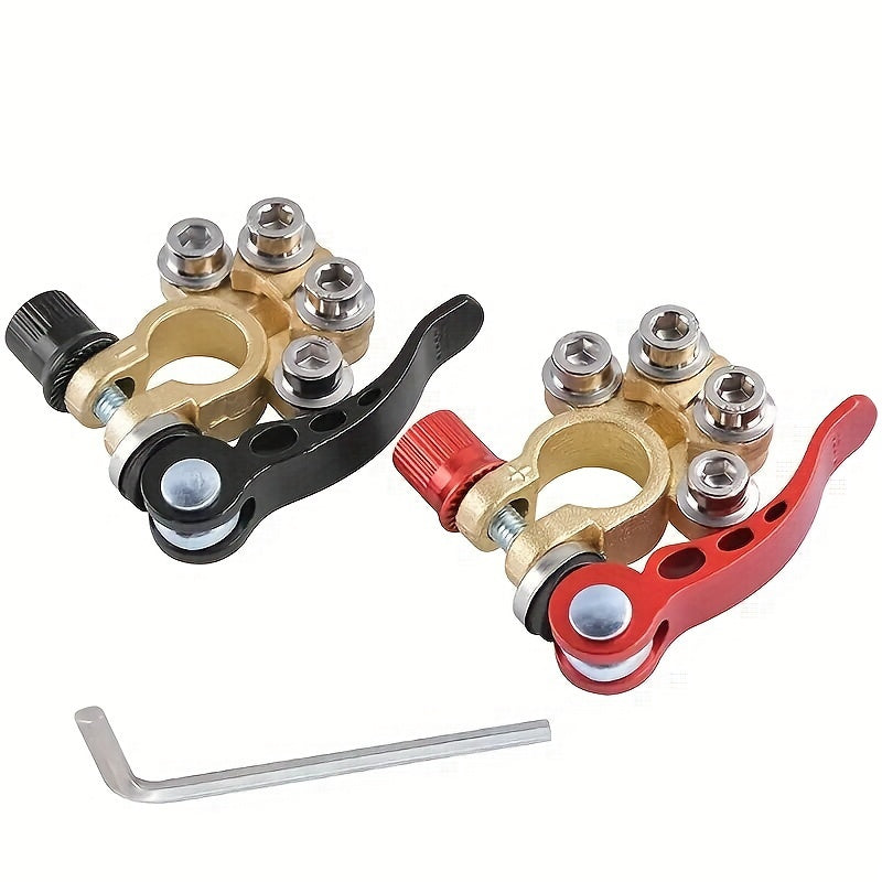 2-Piece Heavy Duty Brass Battery Terminal Connectors - 4-Way Quick Disconnect for Car, Truck & Marine