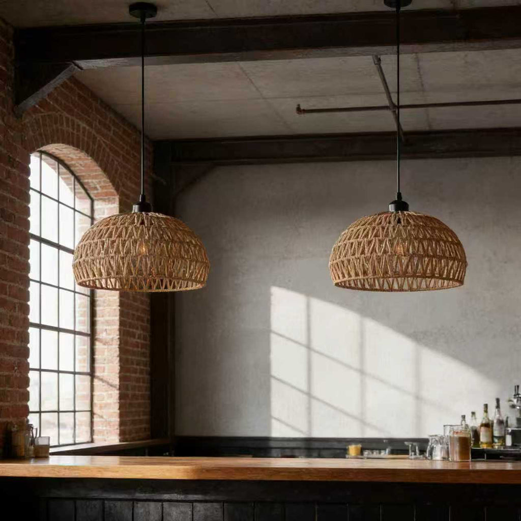 2-Pack, Bohemian Style Pendant Light Kitchen Pendant Light Rattan Pendant Light Ceiling Light Bohemian Style Lampshade Wood Base Bohemian Chandelier (Lighting Fixture Suitable for Hallway, Bedroom, Dining Room and Kitchen Island)