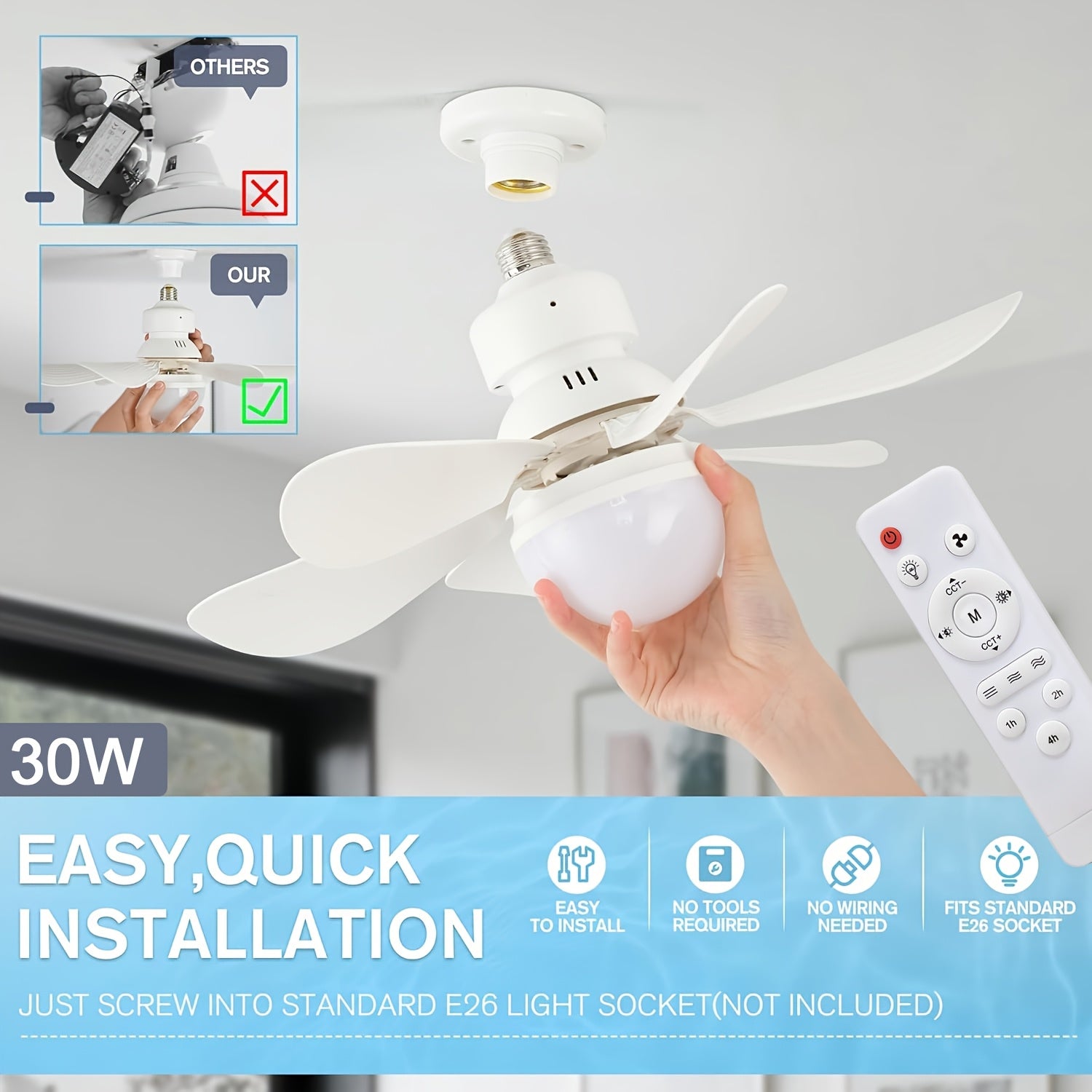 High Power E27 Base Ceiling Fan 30W with Dimmable LED Light, Silent Motor Remote Control Fan Light, E27 Extended Base, 3 Speed & Color Temperature Adjustment, Energy Saving Easy Installation for Living Room Bedroom