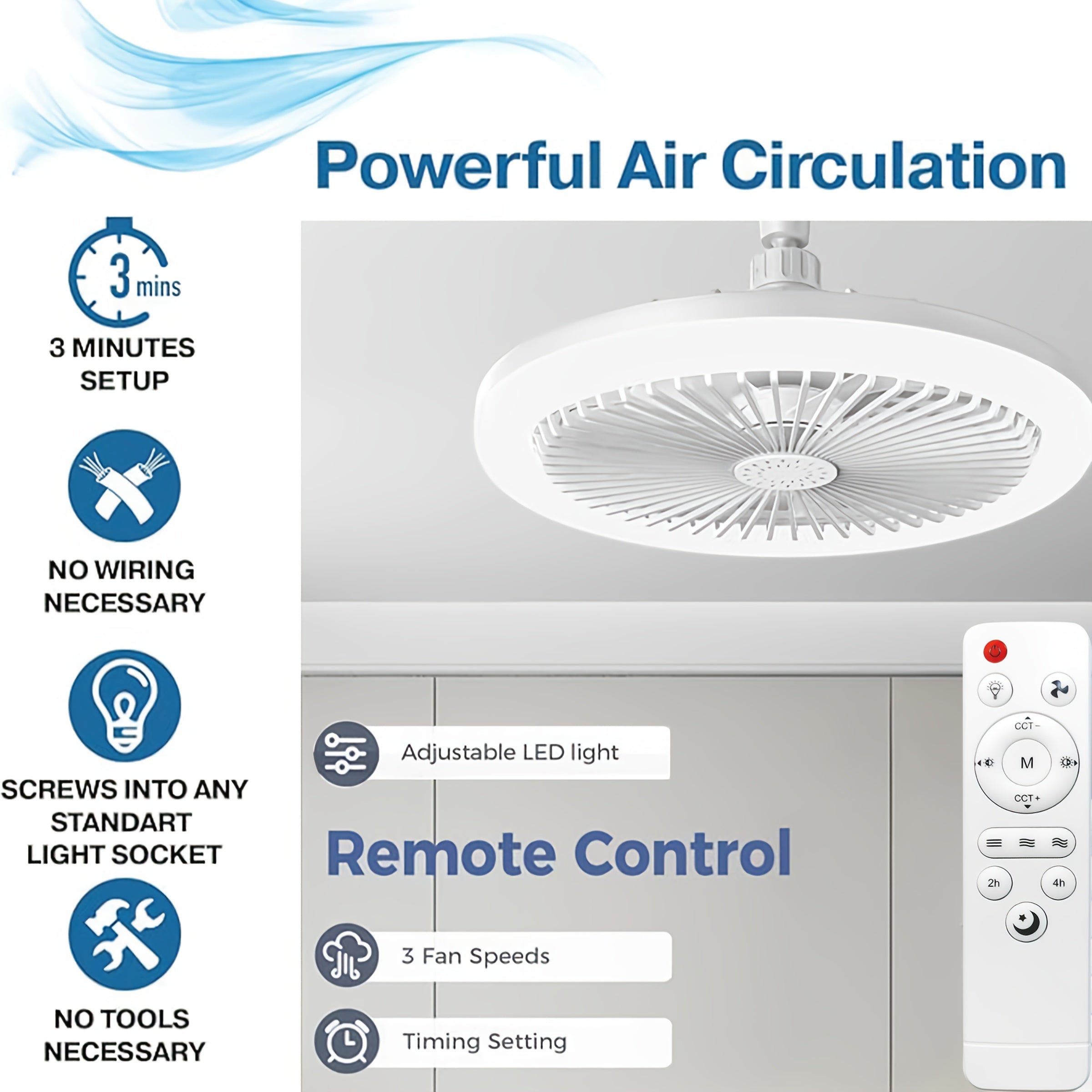 10 Inch 360° Rotatable Ceiling Fan Light with Remote, 3 Wind Speeds & 3 Light Colors, Memory Function, 2/4 Hours Timer, E27 Screw Base LED Fan Light, 4 Color Options for Bedroom Garage Kitchen Workshop