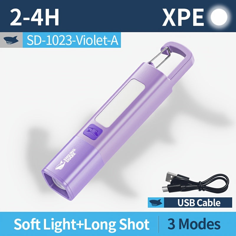 SMILING SHARK SD1023 Portable Flashlight, XPE Super Bright Spotlight - Zoomable COB Side Light, 3 Modes, Type-C Rechargeable, with Hook & Colorful Design, Ideal for Outdoor Camping, Hiking, Adventures & Home Gifts