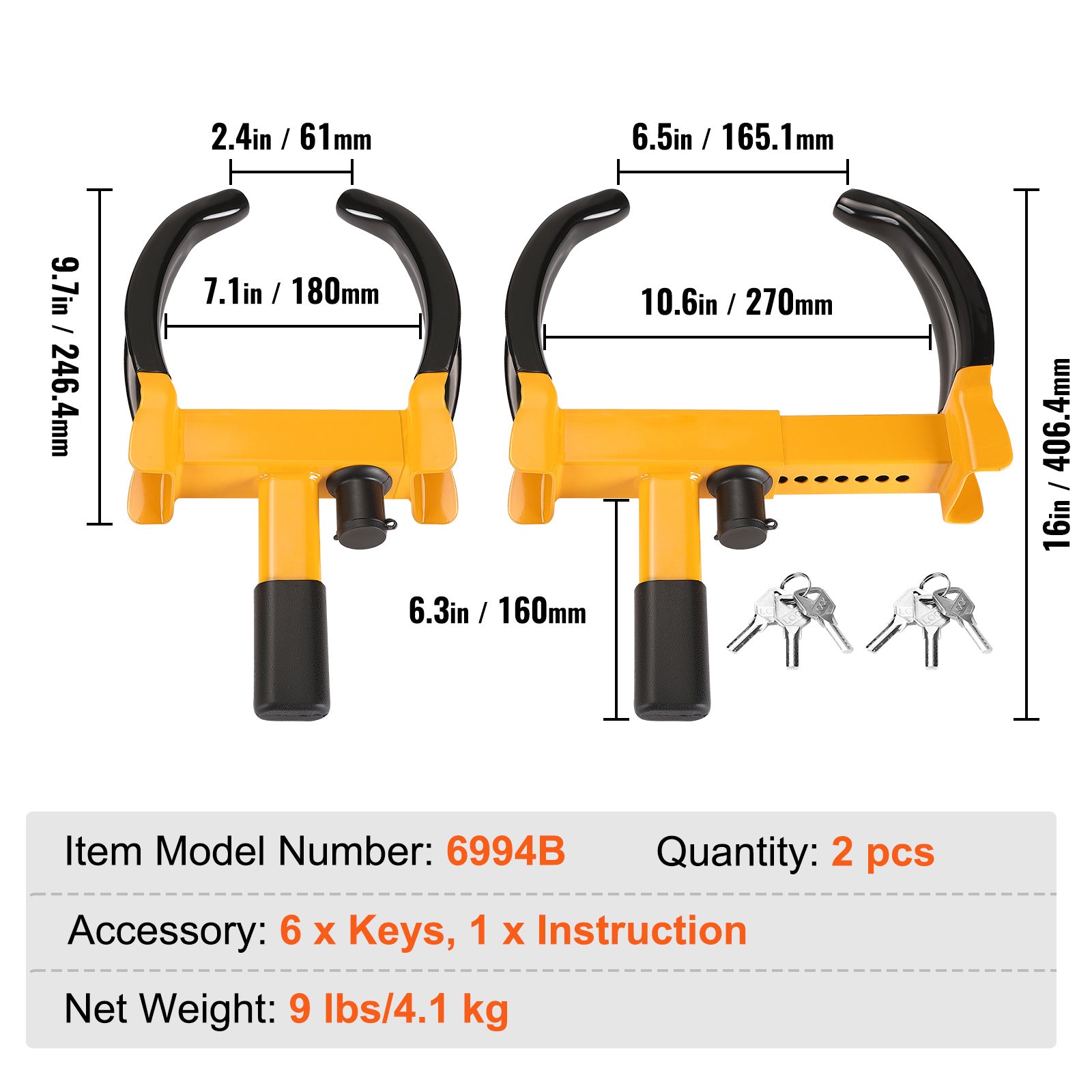VEVOR Wheel Lock, 2-Pack Universal Wheel Clamp Lock, Adjustable Anti-Theft Trailer Lock, Heavy-Duty Steel Tire Lock for ATV, SUV, Car, Golf Cart, Boat, with 6 Keys