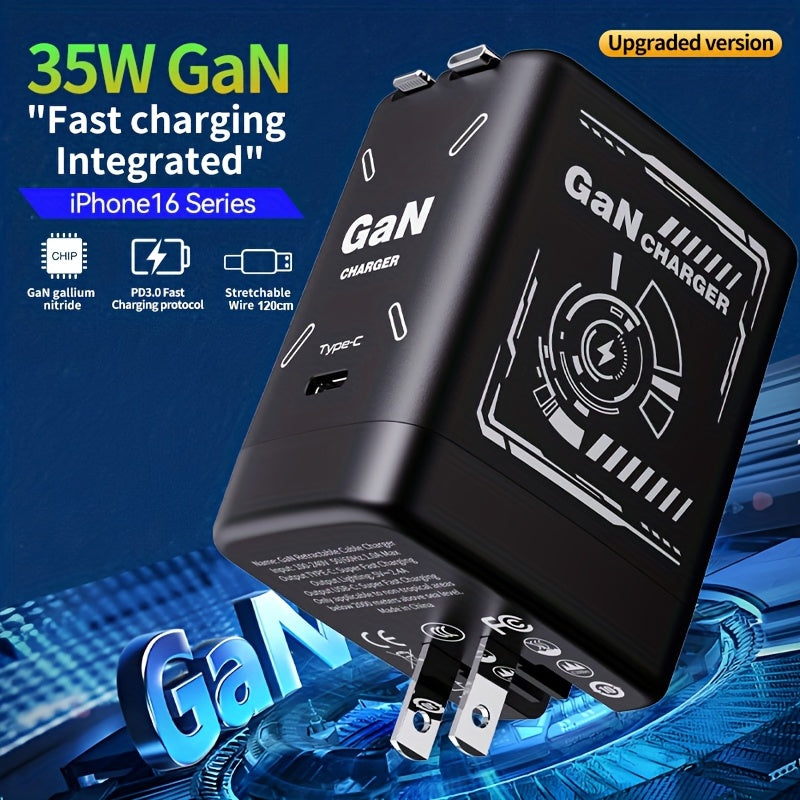 PD3.0 Rapid Charging 35W Gan 3-In-1 - Includes 2 Retractable 47.24inch Cables And 1 Type-C Port, a Versatile Fast Charging Plug Compatible with Multiple Fast Charge Devices, Compact And Portable, Featuring Dual Charging Cables of 47.24inch