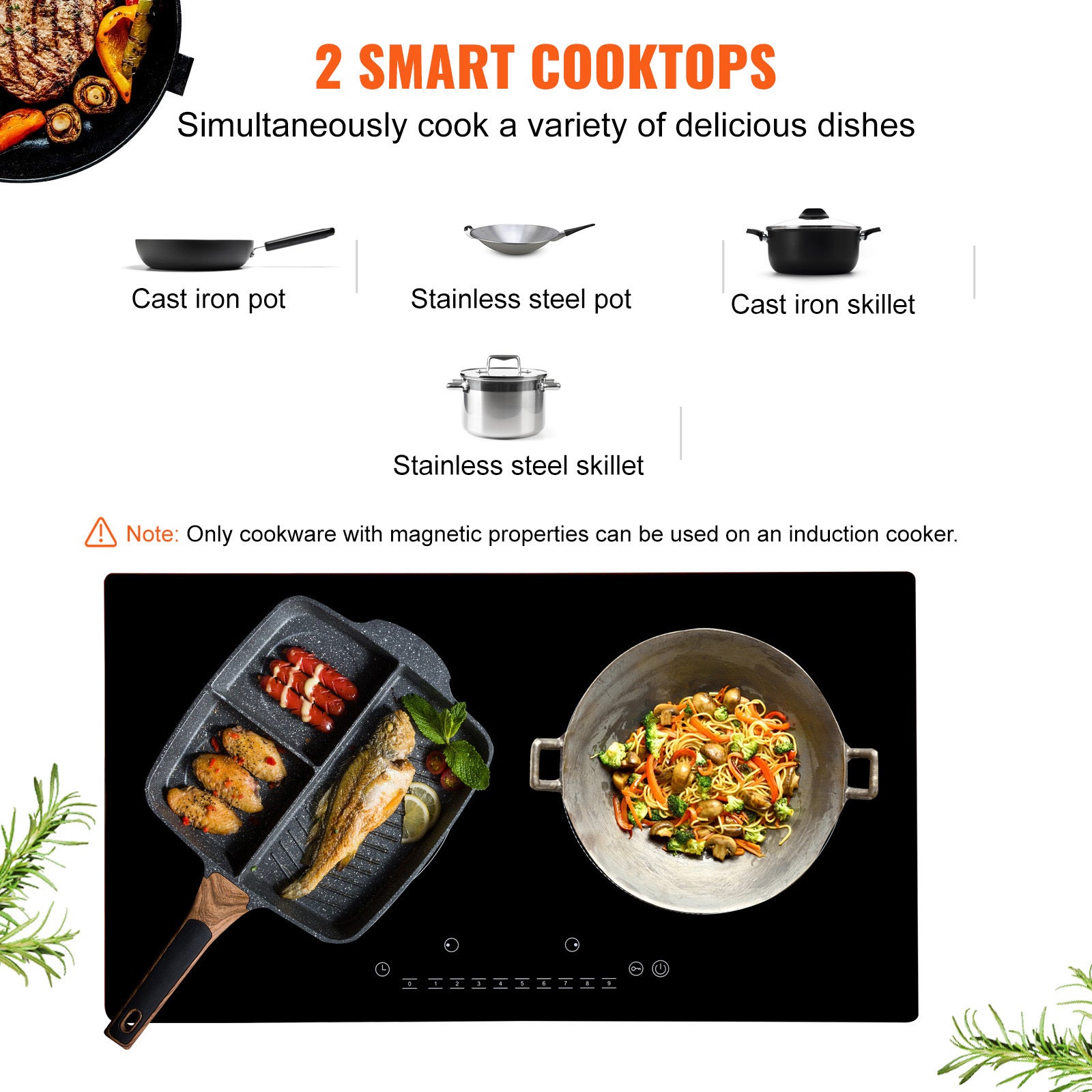 VEVOR Induction Cooktop, 2 Burners, 24-Inch Induction Stove, Built-In Magnetic Stove, 1800W, 9-Level Multi-Function Burner, LED Touch Screen, with Child Lock & Over-Temperature Protection