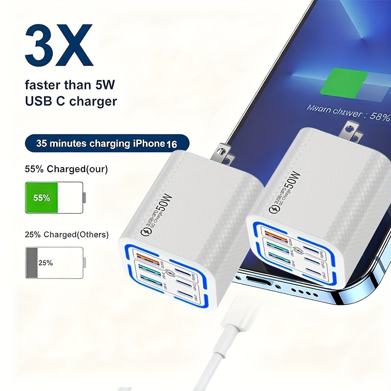50W USB Type C Wall Charger, Type C Fast Charging, 6-Port (USB C + Type C) Fast Charger - Compatible for iPhone 17/ 16/ 15/ 13/ 13 Pro/ 12/ 12 Pro/ XR/ SE, Pro/ Mini/ Air - Perfect Christmas/ Holiday Gift, Multidevice Charging, Office Power Adapter