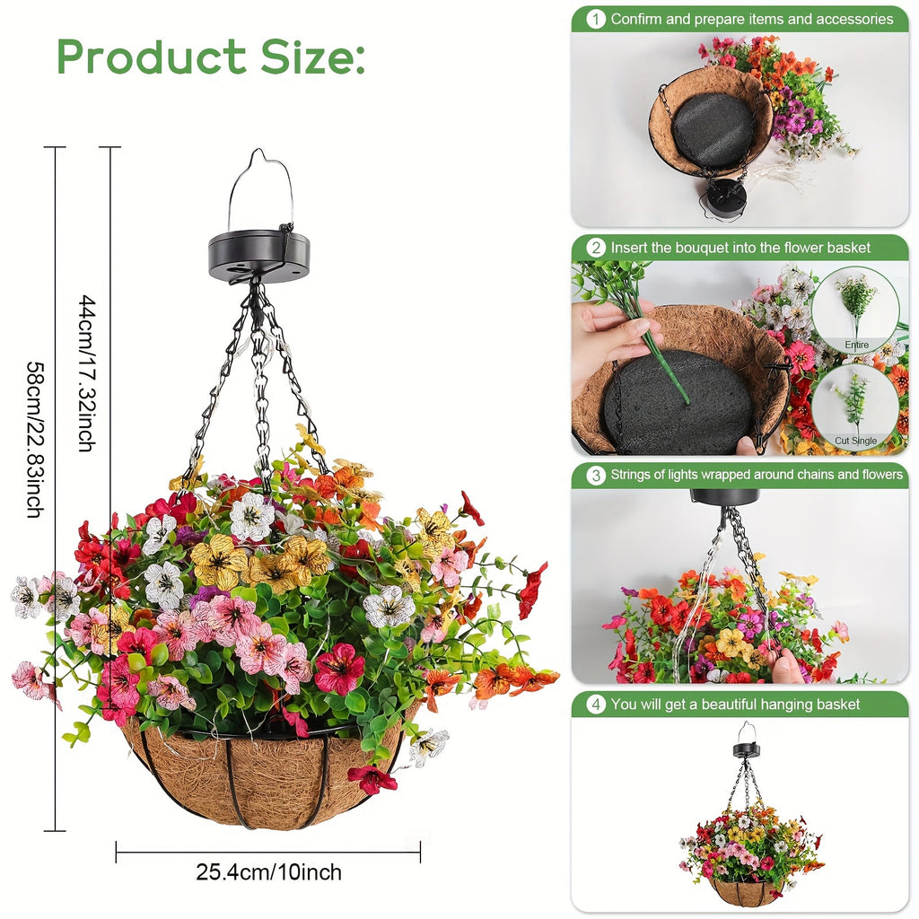 One-Piece Solar Hanging Light with Automatic On/Off Sensor, Solar Flower Basket Light with Artificial Plants - Outdoor Garden, Courtyard, Path, Lawn Decoration - Landscape Solar Lighting, No Wiring Needed, Durable Plastic Structure