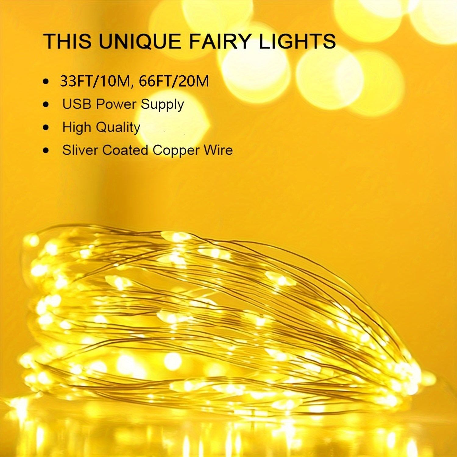 200 LED 仙女灯串，66FT/20M，100 LED 版本为 33FT/10M，USB 供电灯串，银色线材，非常适合在卧室中营造星空氛围，用于圣诞节、婚礼、派对或户外窗户装饰