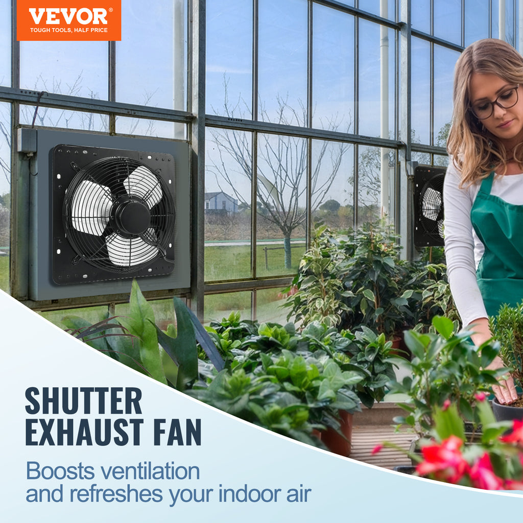VEVOR Shutter Exhaust Fan, 12''/14''/16'' with Temperature and Humidity Controller, EC Motor, 940 CFM/1513 CFM/1747 CFM, 10-Speed Wall Mount Attic Fan for Greenhouse, Garage, Shed Ventilation and Cooling