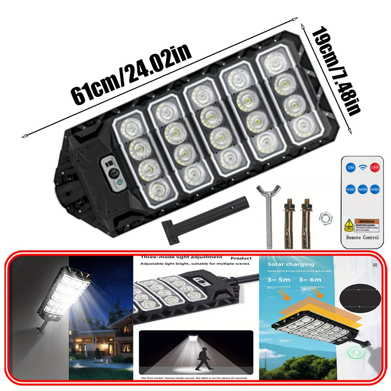 Solar Street Light – Outdoor Security Lighting, Motion Sensor Outdoor Light, Commercial Parking Lot Lighting, Night to Morning, LED Street Light, Home Garden Lighting, with Remote Control, Solar Powered, No Installation Required