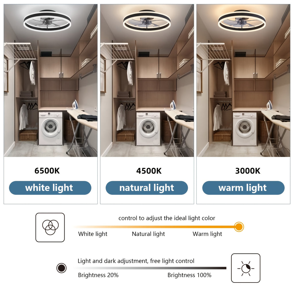 19.7 Inch Low Profile Flush Mount Ceiling Fan with Light & Remote, Bladeless Smart LED Ceiling Fan Light, Modern Black Bedroom Ceiling Fan