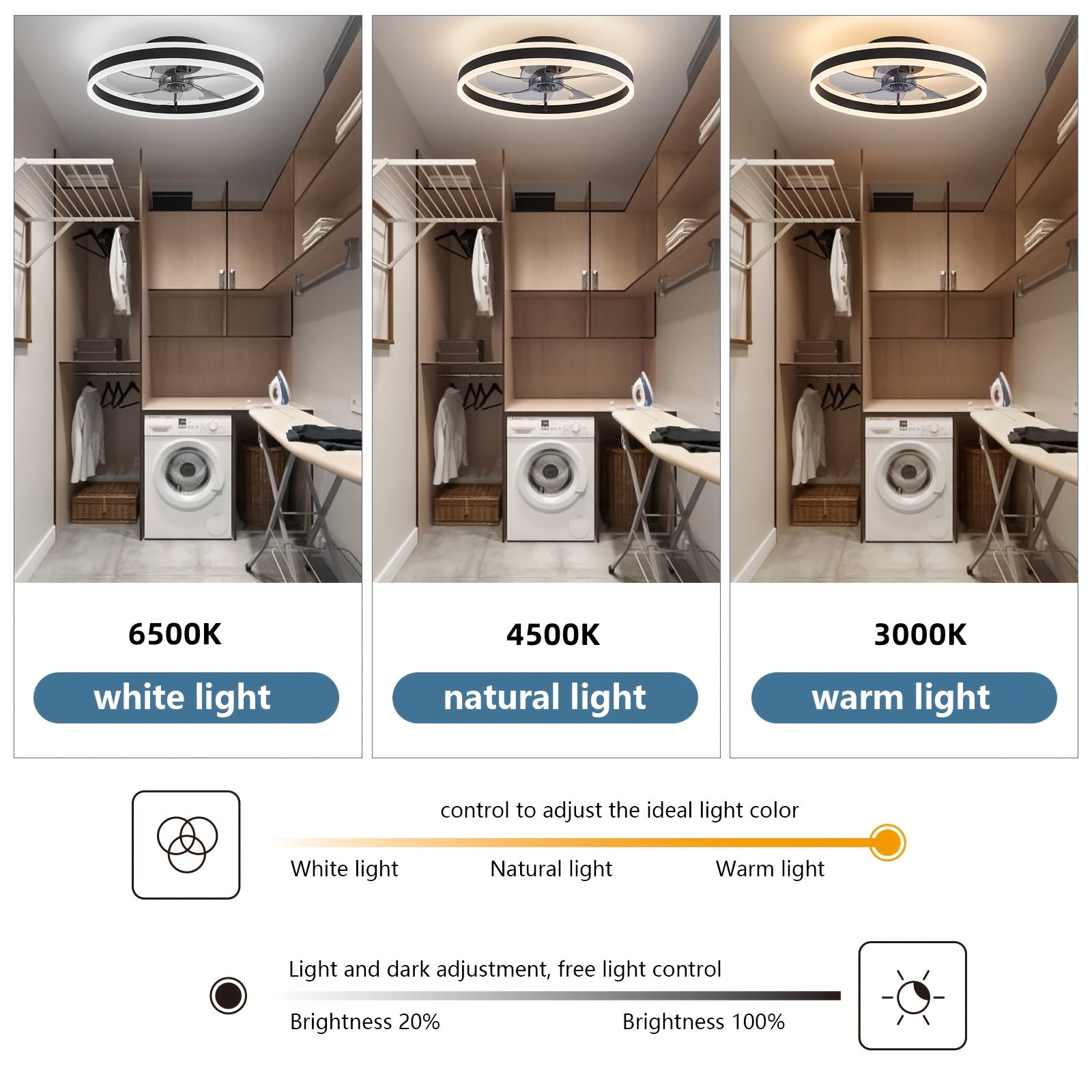 19.7 Inch Low Profile Flush Mount Ceiling Fan with Light & Remote, Bladeless Smart LED Ceiling Fan Light, Modern Black Bedroom Ceiling Fan