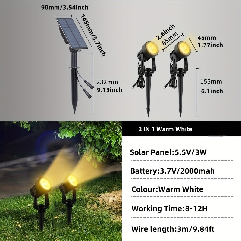 Outdoor solar spotlights, available in 2/4-pack, offering warm white and cool white options, suitable for landscaping, Christmas decoration, and illuminating yards, trees, gardens, ponds, and pool areas