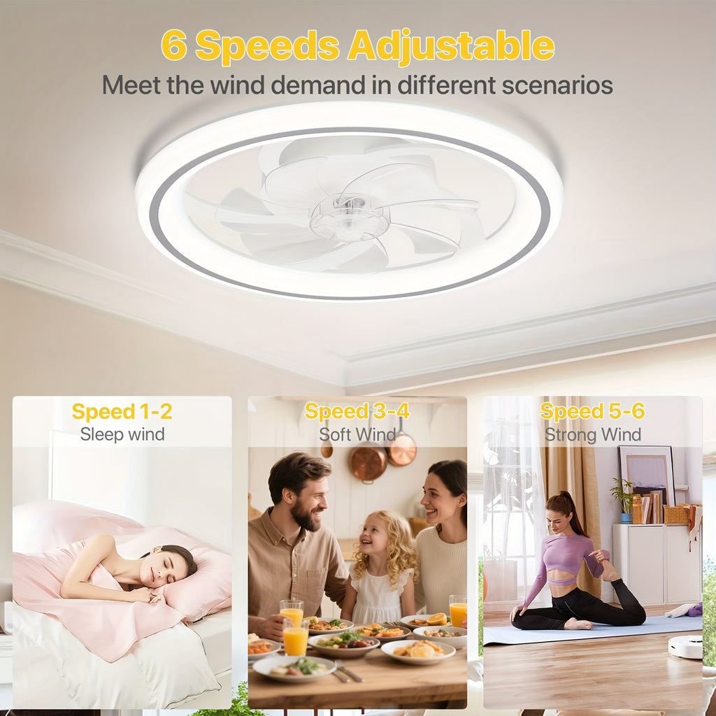 20 Inch Modern Dimmable LED Ceiling Fan Light, APP & Remote Control, 3 Color Temperatures, 6 Speed Levels, Flush Mount Design for Bedroom, Night Mode, Timer Function, Wireless Control, Polished Finish, Bedroom Ceiling Fan, Modern Lighting