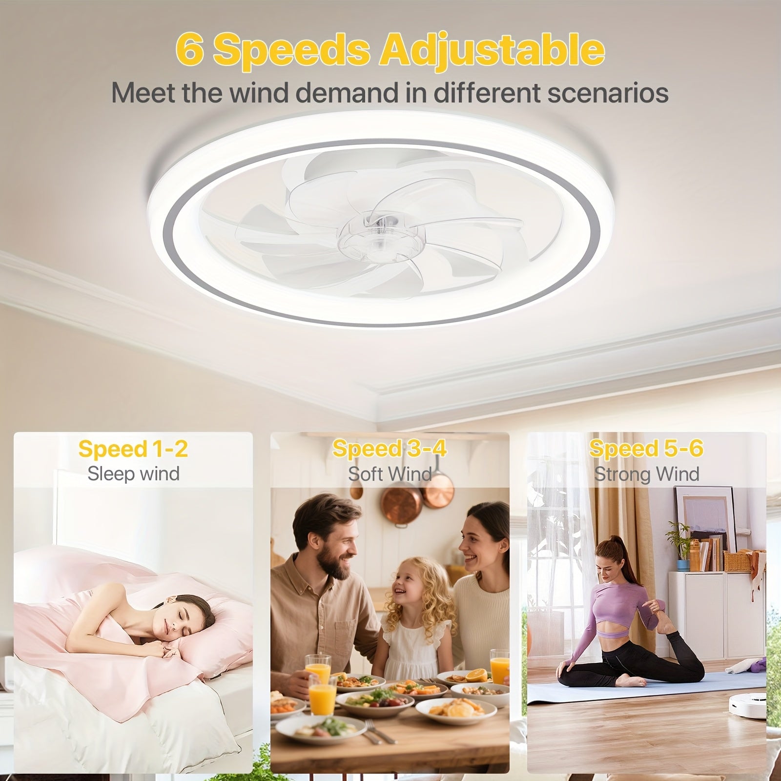 20 Inch Modern Dimmable LED Ceiling Fan Light, APP & Remote Control, 3 Color Temperatures, 6 Speed Levels, Flush Mount Design for Bedroom, Night Mode, Timer Function, Wireless Control, Polished Finish, Bedroom Ceiling Fan, Modern Lighting