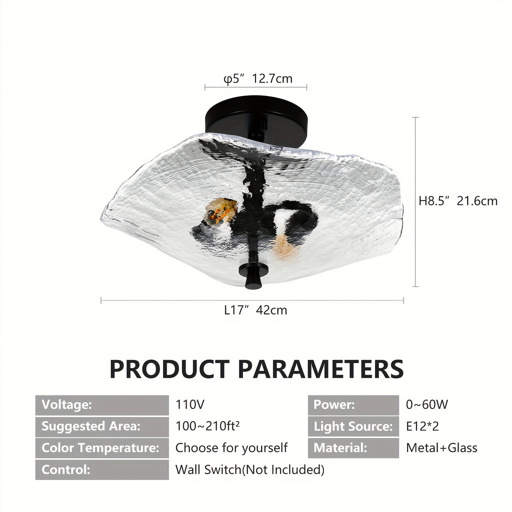 16.5-inch modern semi-flush mount ceiling light (black), water lily-shaped dual-light ceiling light, elegant near-ceiling lighting, with clear glass lampshade, suitable for bedroom, dining room, entryway and bathroom (E12 base, bulb not included)