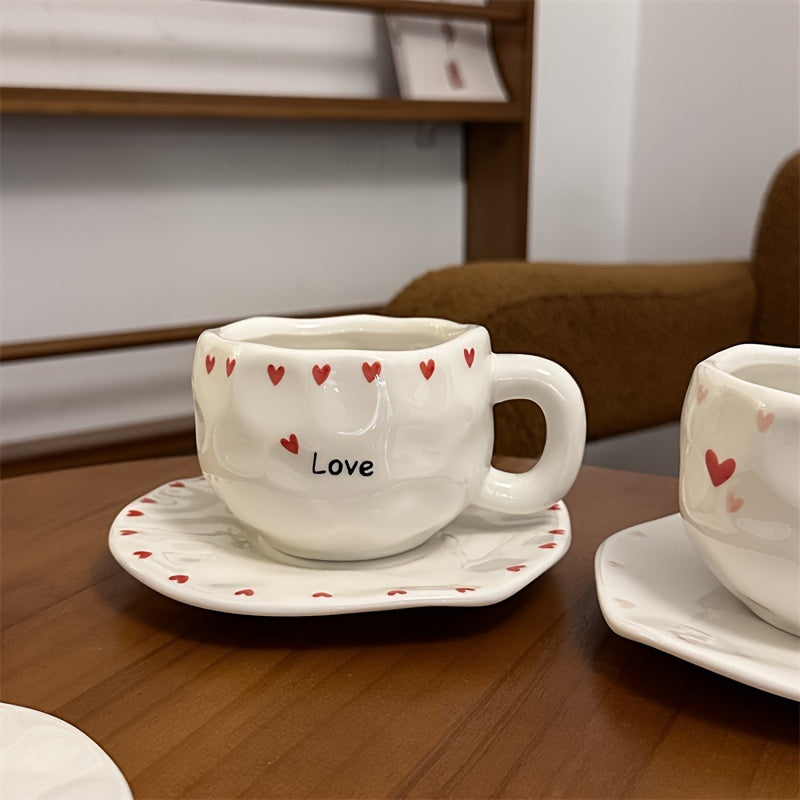 Single Set 300ml / 10.15oz Retro Flower Ceramic Cup & Saucer, Tulip Heart Bow Strawberry Irregular Coffee Cup & Saucer, Hand-Pinched High-Appeal Afternoon Tea Mug