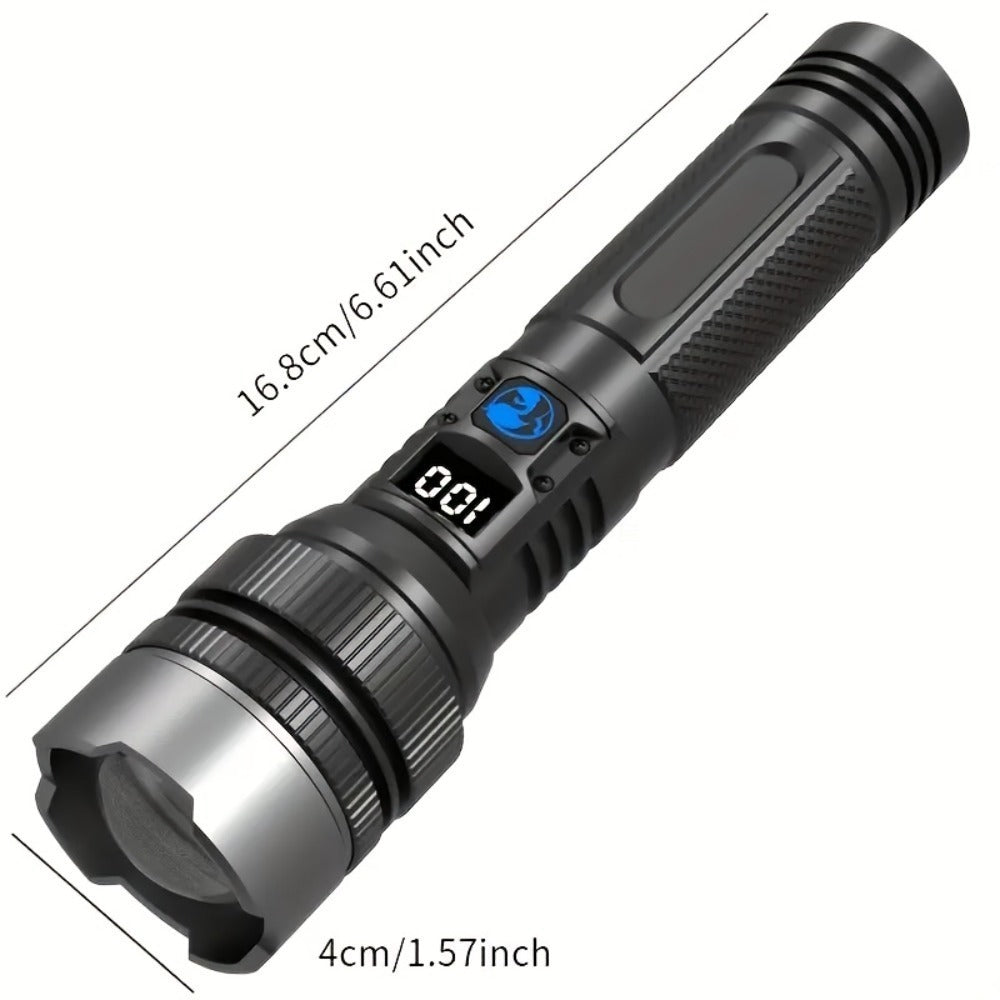 Powerful Rechargeable Flashlight, IP65 Waterproof, High Lumen LED Tactical Design, Zoom Function, Digital Power Indicator, Type-C Fast Charging, Ideal Portable Handheld Light for Camping, Hiking and Emergency Situations