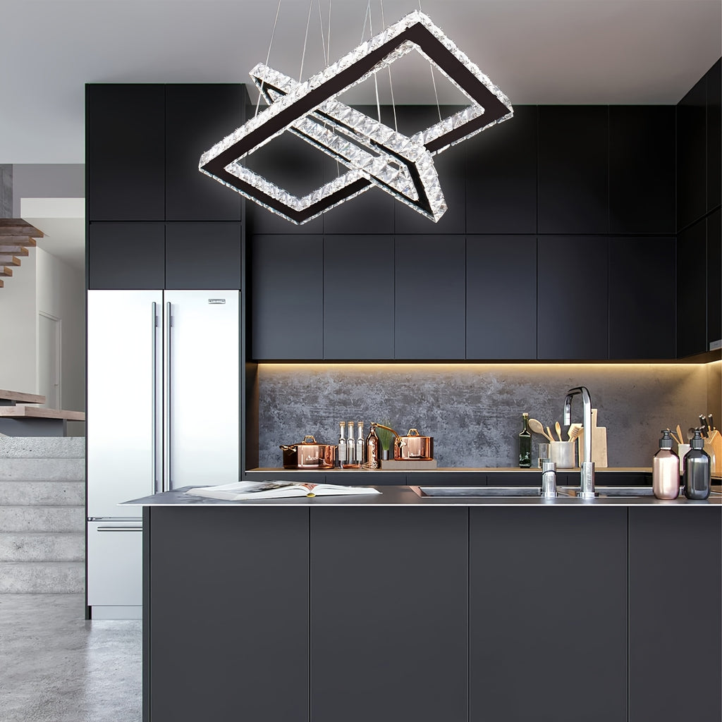 Modern pendant light with remote control, 20.5-inch LED dimmable 2-ring rectangular crystal chandelier adjustable height, dining room kitchen living room island light pendant light