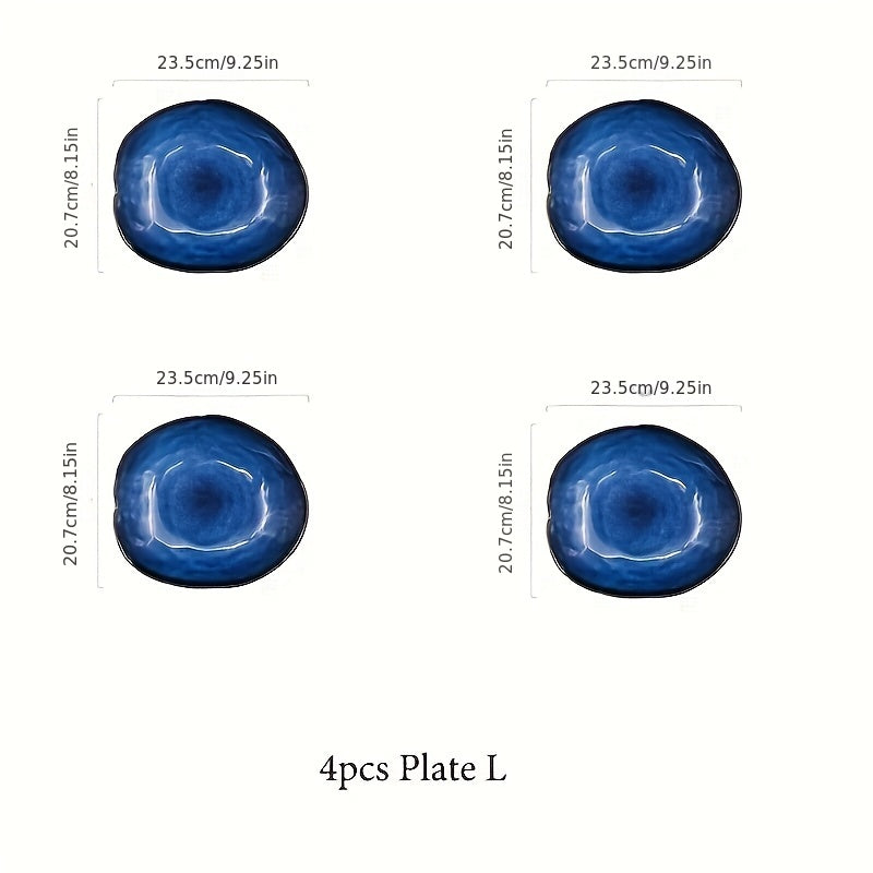 4-Pack Cat‘s Eye Blue Nordic Ceramic Food Plate – Home Pottery Irregular Dinnerware, Salad Platter Tableware