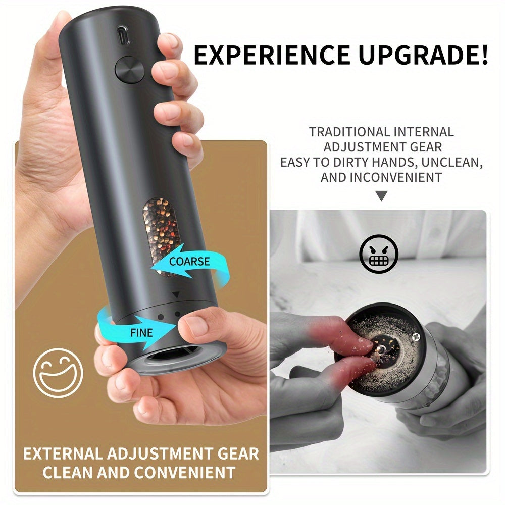Electric Pepper Grinder Rechargeable – Automatic Salt & Pepper Grinder Set with 3.72oz Container, Exterior Adjustable Coarseness, White LED Light & One-Hand Operation – Perfect for Kitchen, Outdoor, BBQ & Gift Giving