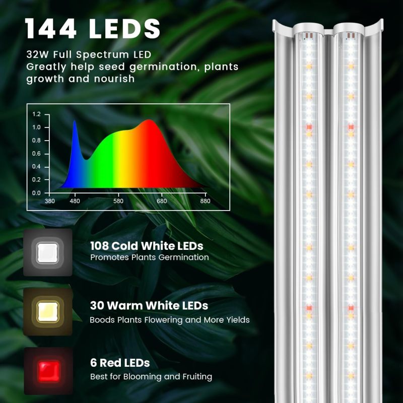 Seedling Grow Light with Stand, 2FT T5 Full Spectrum Indoor Plant Lamp, 32W 144 LEDs High Output Seedling Light Kit, Height Adjustable with On Off Switch