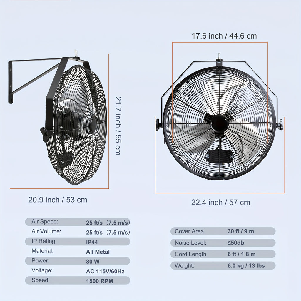 18 Inch Industrial Wall Fan, 3 Speed High Velocity, Metal Construction, Waterproof / Non-Waterproof Optional, Black, ETL Certified, Ideal for Warehouse, Greenhouse, Workshop, Courtyard & Industrial Ventilation | Multi-Mount Design | Metal Wall Fan