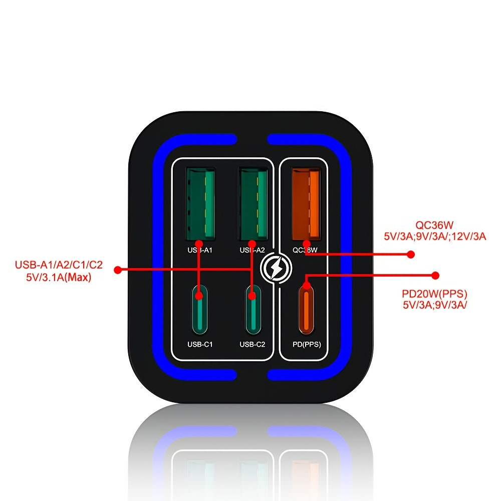 50W Type-C Fast Charging Mobile Phone Charger with C-C Cable | 6-Port PD USB C + QC 3.0 Multi-Port Wall-Mounted Multi-Device Fast Charging Plug, Portable and Compact, Compatible with for iphone 17/16/15/14/13/12 Pro Max, iPad, Galaxy, Xiaomi