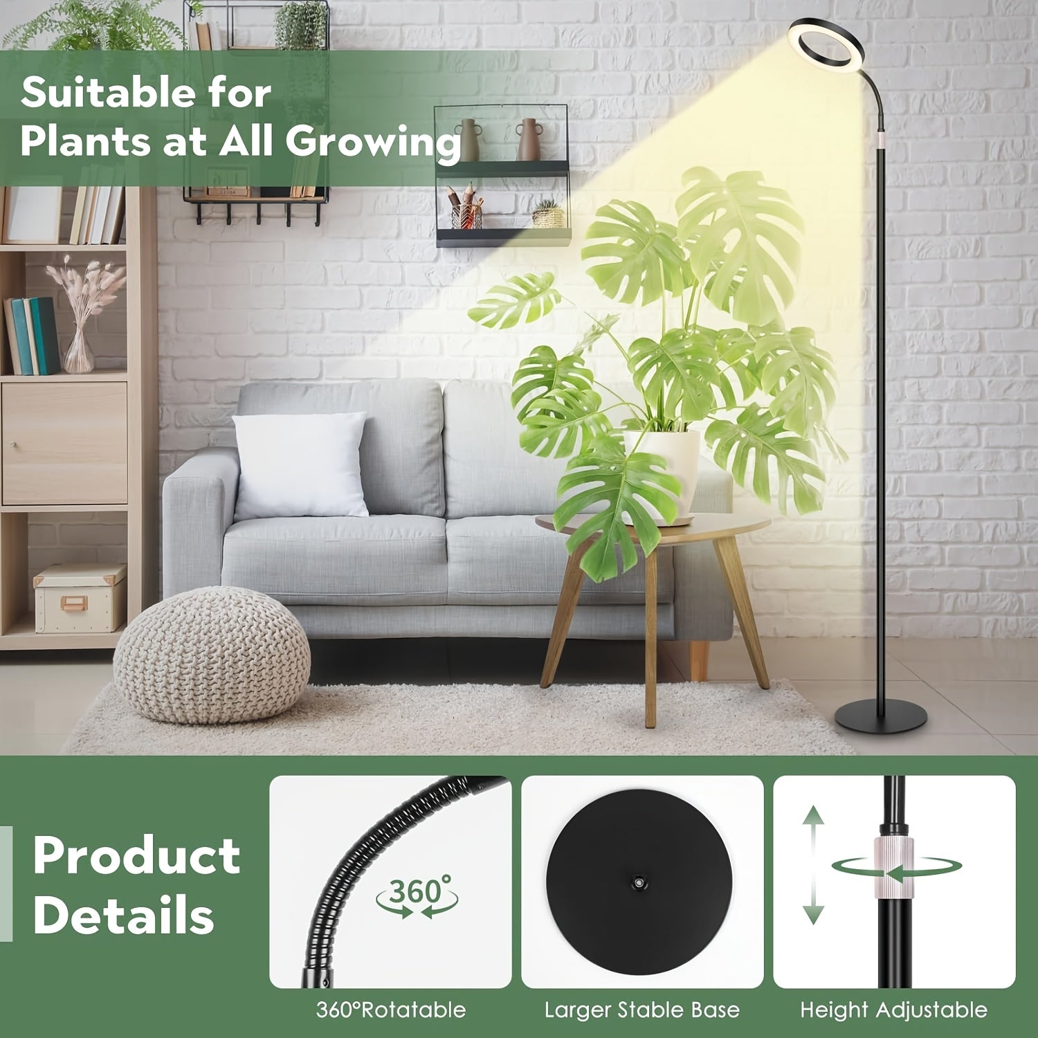 Large USB Flexible Gooseneck Plant Light, Dimmable, Wide Base, Full Spectrum, Indoor Plant Grow Lamp, Retractable Floor Standing, 3/9/12H Adjustable Timer, Full Spectrum Indoor Flower Lighting, Housewarming Gift, All-Season Plant Light