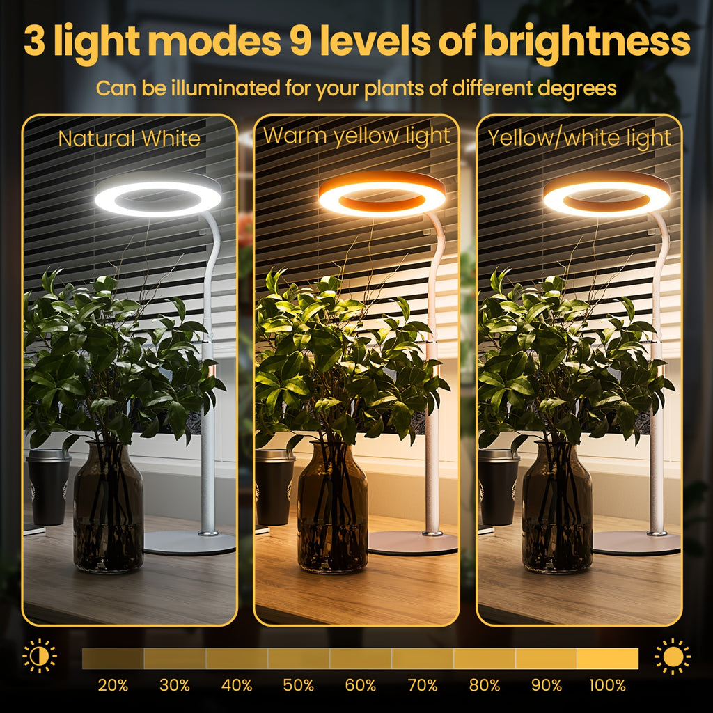 bseah indoor plant grow adjustable LED light - full spectrum ring light with automatic timer, 3/9/12 hour timer, 9 dimming levels, USB powered, flexible long neck tube suitable for large plants
