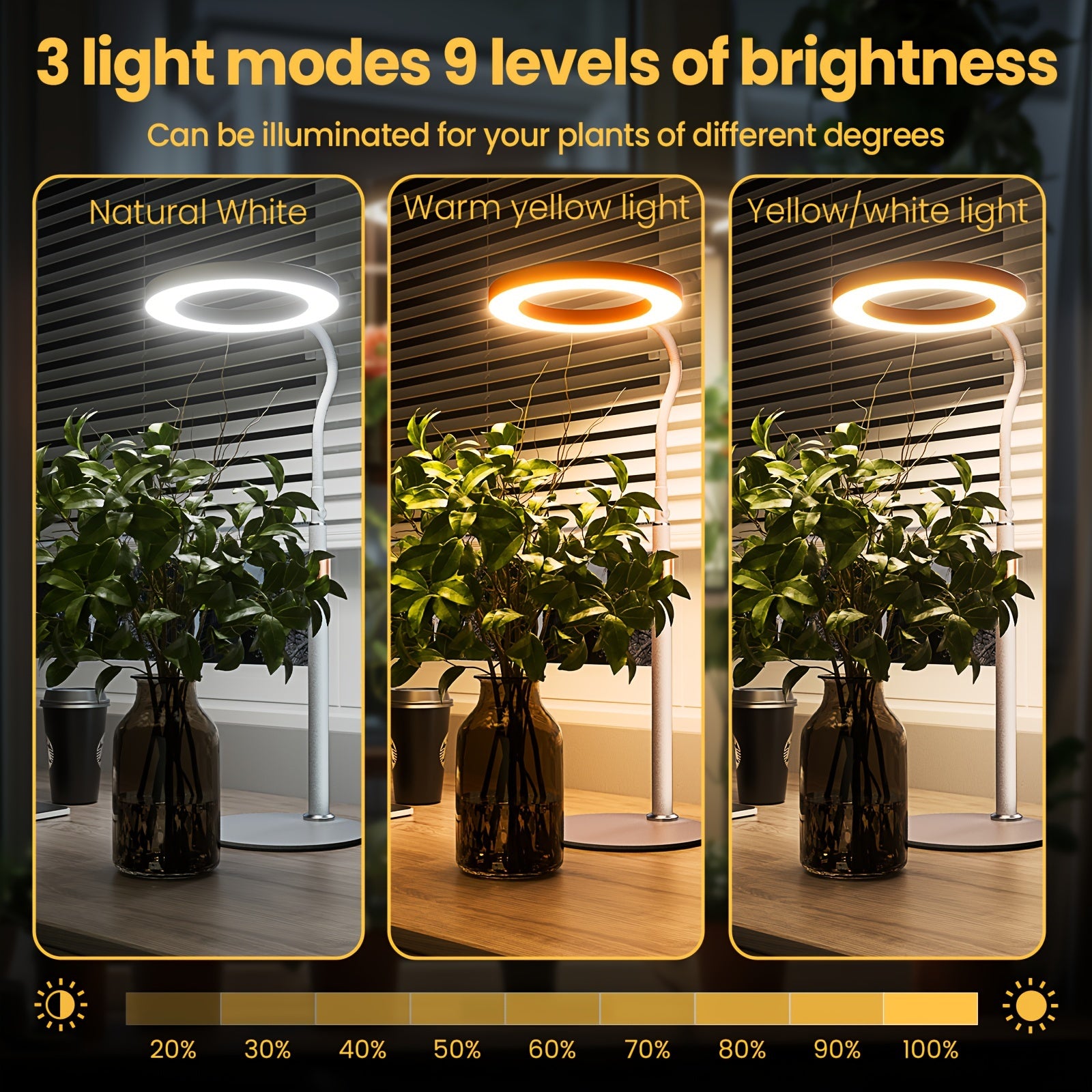 bseah indoor plant grow adjustable LED light - full spectrum ring light with automatic timer, 3/9/12 hour timer, 9 dimming levels, USB powered, flexible long neck tube suitable for large plants