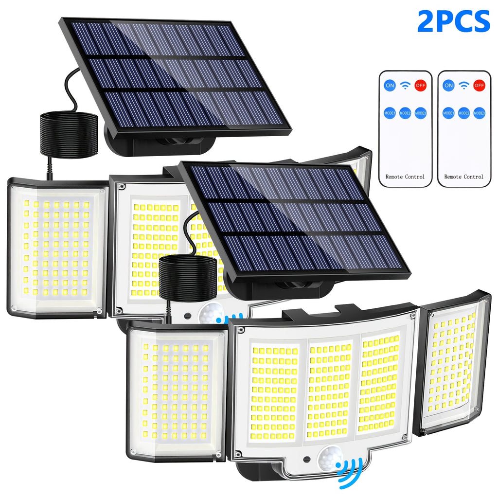 1/2 Pack Solar Outdoor Light, Motion Sensor Light with 348 LEDs, IP65 Waterproof, Wall Light with Remote Control, 3 Adjustable Heads, Street Light with 3 Lighting Modes, Porch and Garden Light, Security LED Floodlight