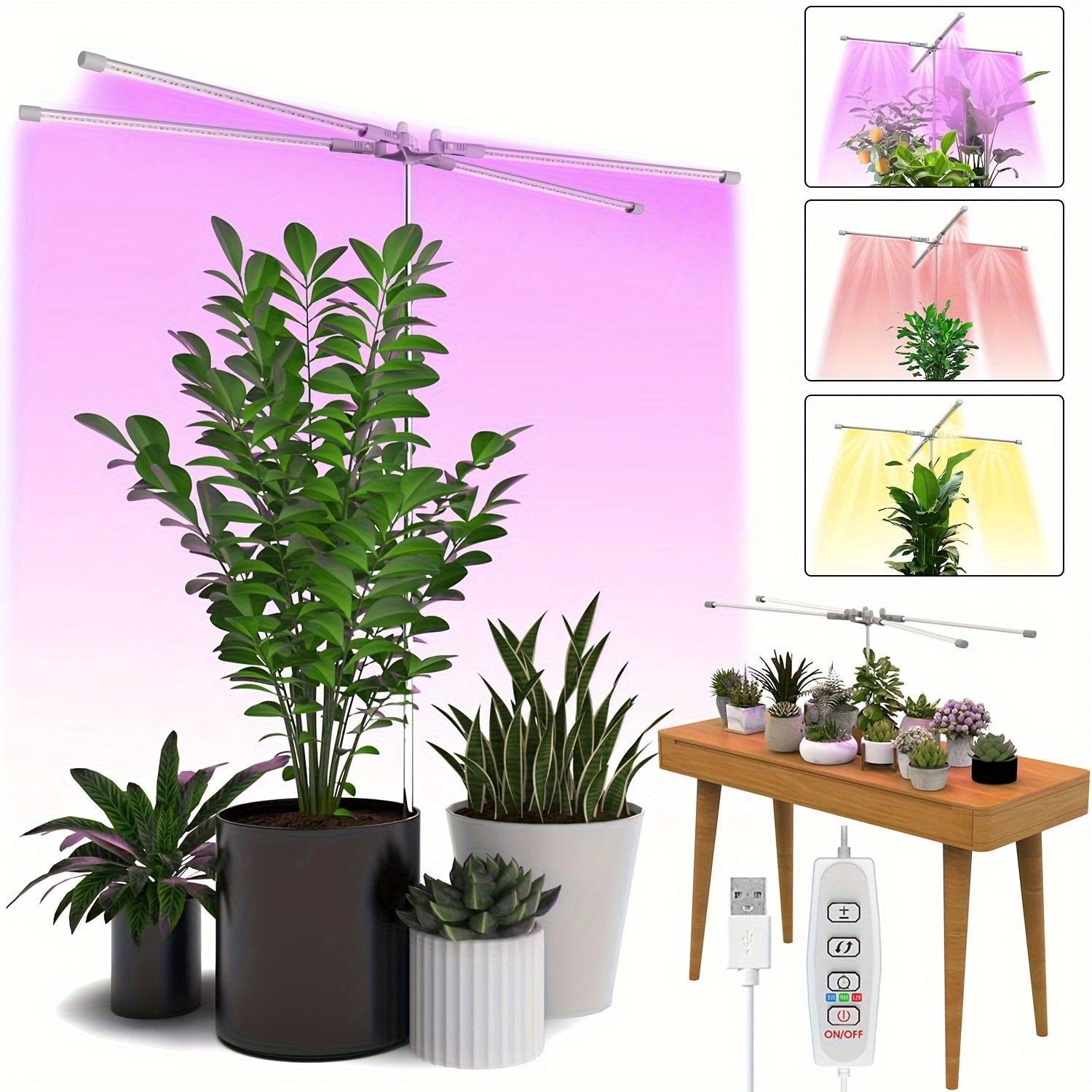 1pc 4-Tube 3 Lighting Modes 96LED Full Spectrum Grow Light, Multi-Angle Illumination, Dimmable & Timable, 30cm-150cm Height Adjustable, USB Powered LED Plant Grow Light (No Built-in Battery)