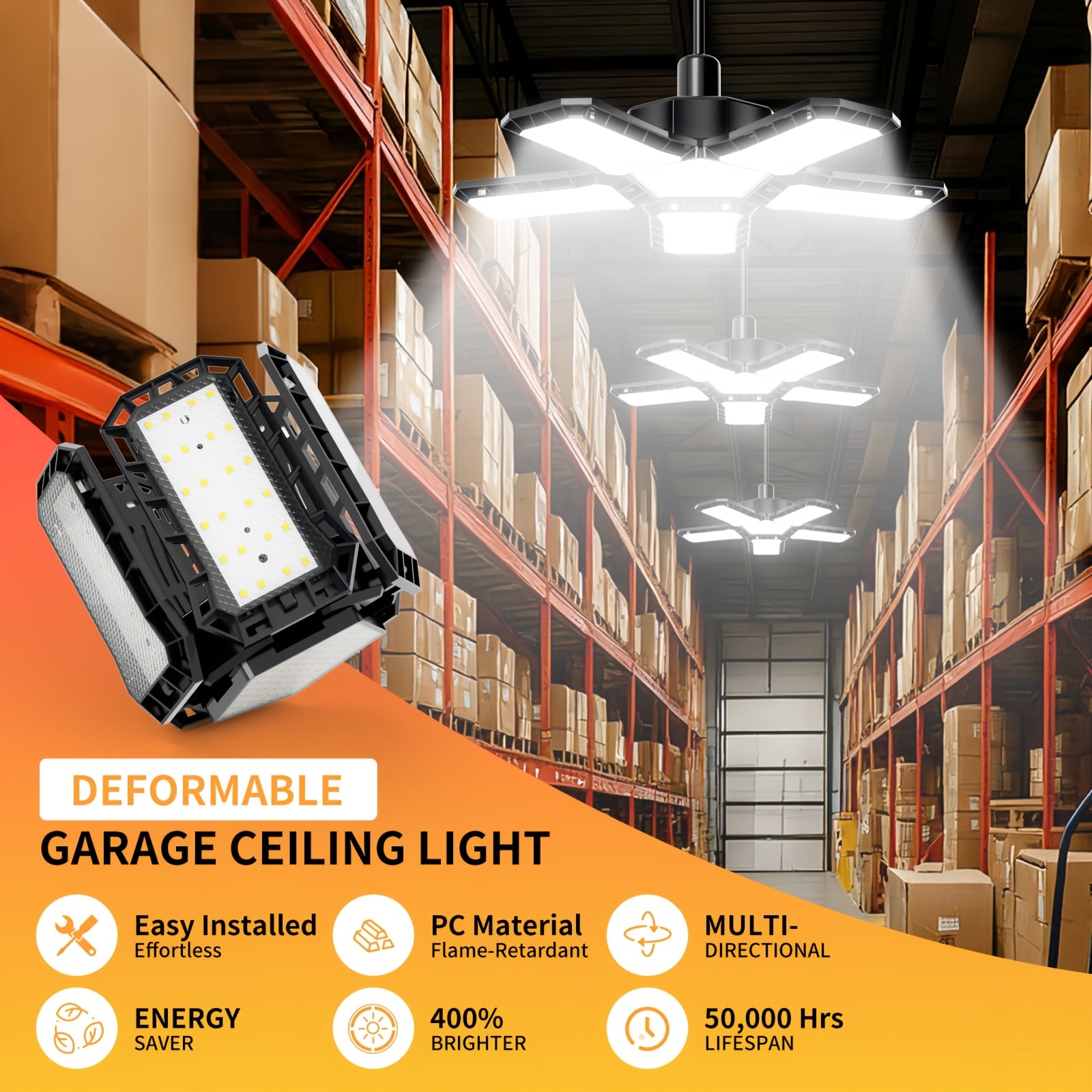 15000 Lumen Ultra-Bright Deformable LED Garage Light, E26/E27 Base Screw-In Installation, No Wiring Required, Equipped with 188 LED Chips, 360-Degree Adjustable Ceiling Light, Suitable for Garage, Basement, Workshop