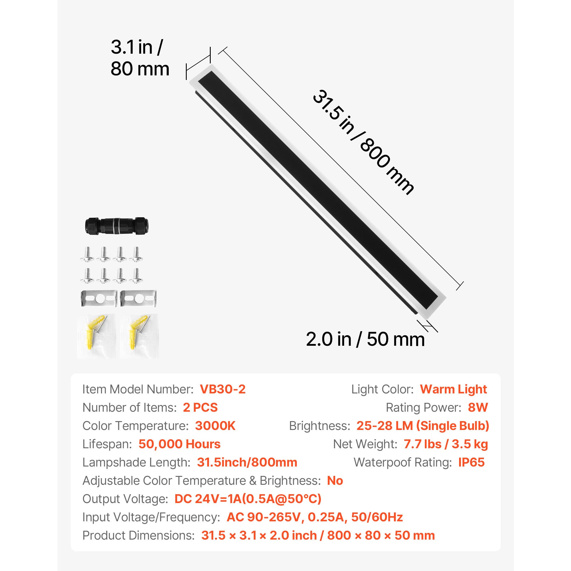 VEVOR Outdoor Wall Light, 1-Pack / 2-Pack, 23.6-Inch / 31.5-Inch / 39.4-Inch Long Strip Modern Exterior Wall Light, 3000K Warm White Light, Rust-Proof Outdoor Wall Mount Light, Suitable for House, Porch, Garage