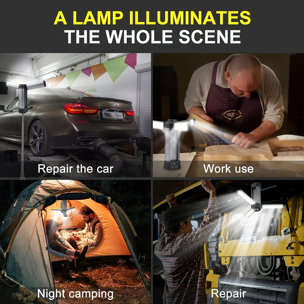 LED work light with tripod, 6000mAh battery, rechargeable flashlight, magnetic base, 10 lighting modes, portable camping light, rotating spotlight, suitable for commercial use, auto repair, garage work