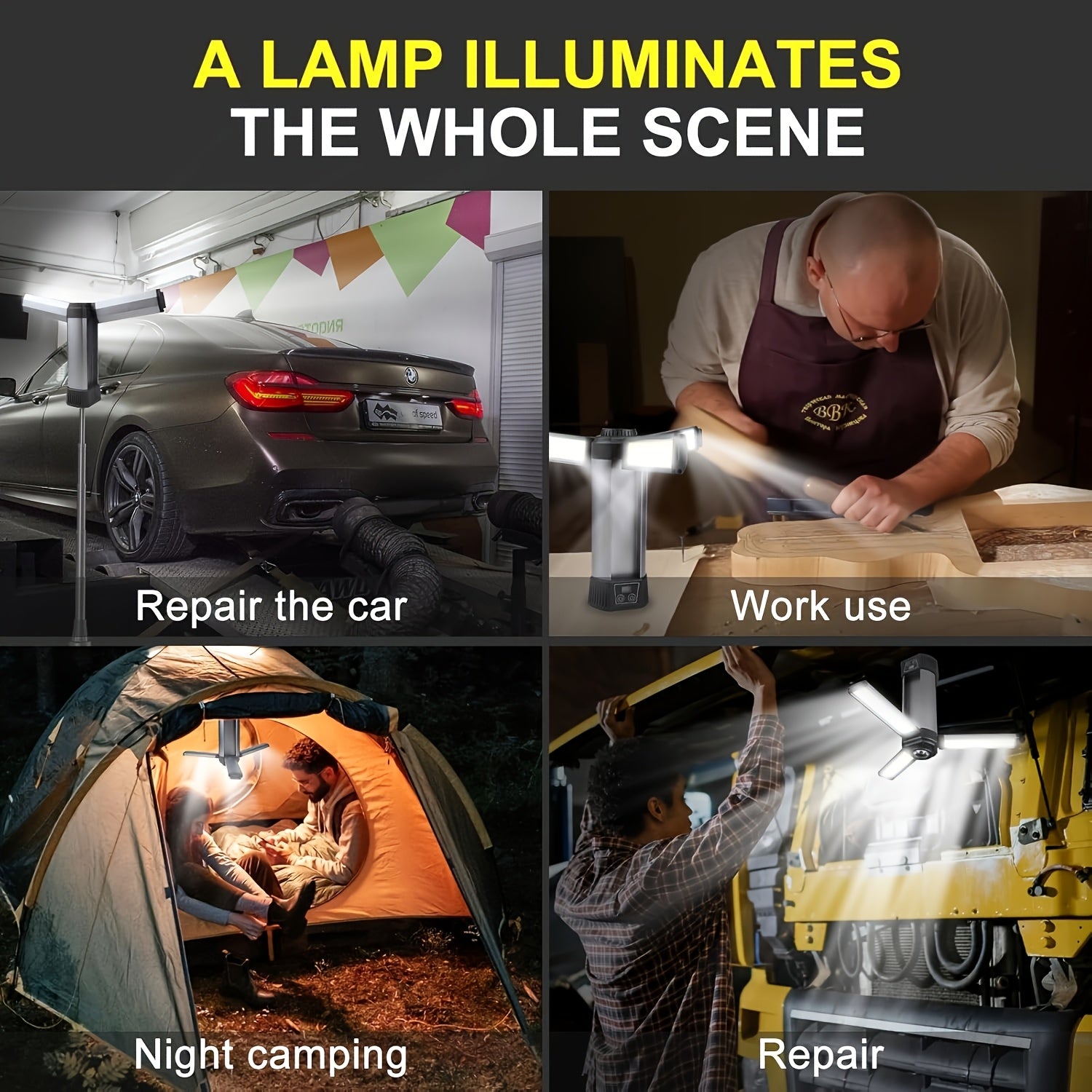 LED work light with tripod, 6000mAh battery, rechargeable flashlight, magnetic base, 10 lighting modes, portable camping light, rotating spotlight, suitable for commercial use, auto repair, garage work