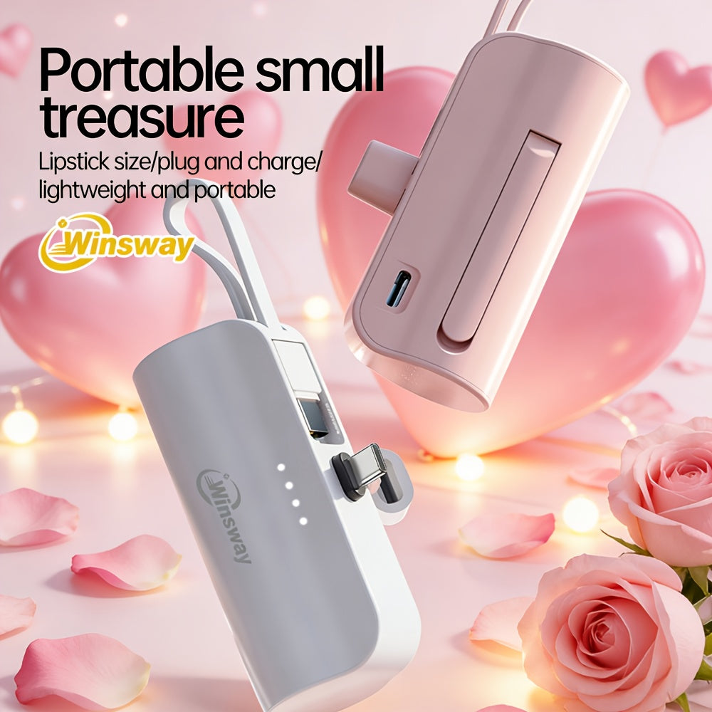 Winsway Mini Capsule Portable Stand Power Bank 5000mAh with Built-in USB-C Data Cable And Dual Ports for Charging Two Devices, Compatible with Most Electronic Devices, Suitable for Giving Friends Exquisite And Compact Gifts During Holidays