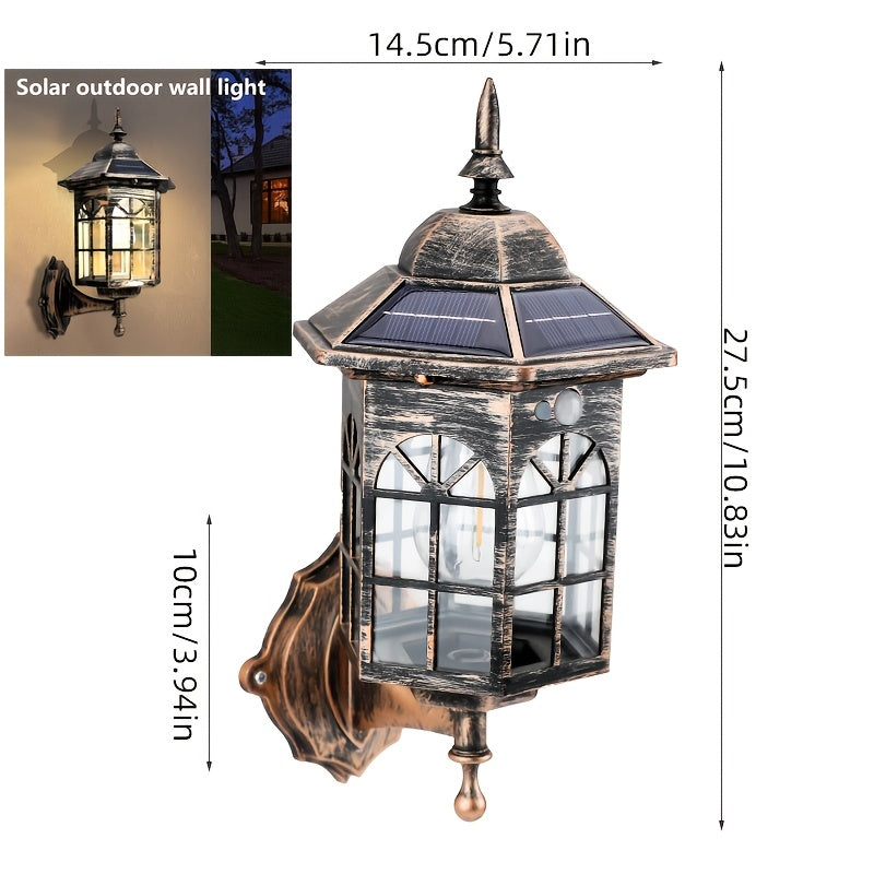 1-Pack Solar Outdoor Wall Light, Vintage European Medieval Style, Silicon Solar Panel, 1200mAh Lithium Battery, Motion Human Body Induction, 3 Modes, Semi-Flush Mount (Removable), Plastic Lampshade, Automatic Lighting