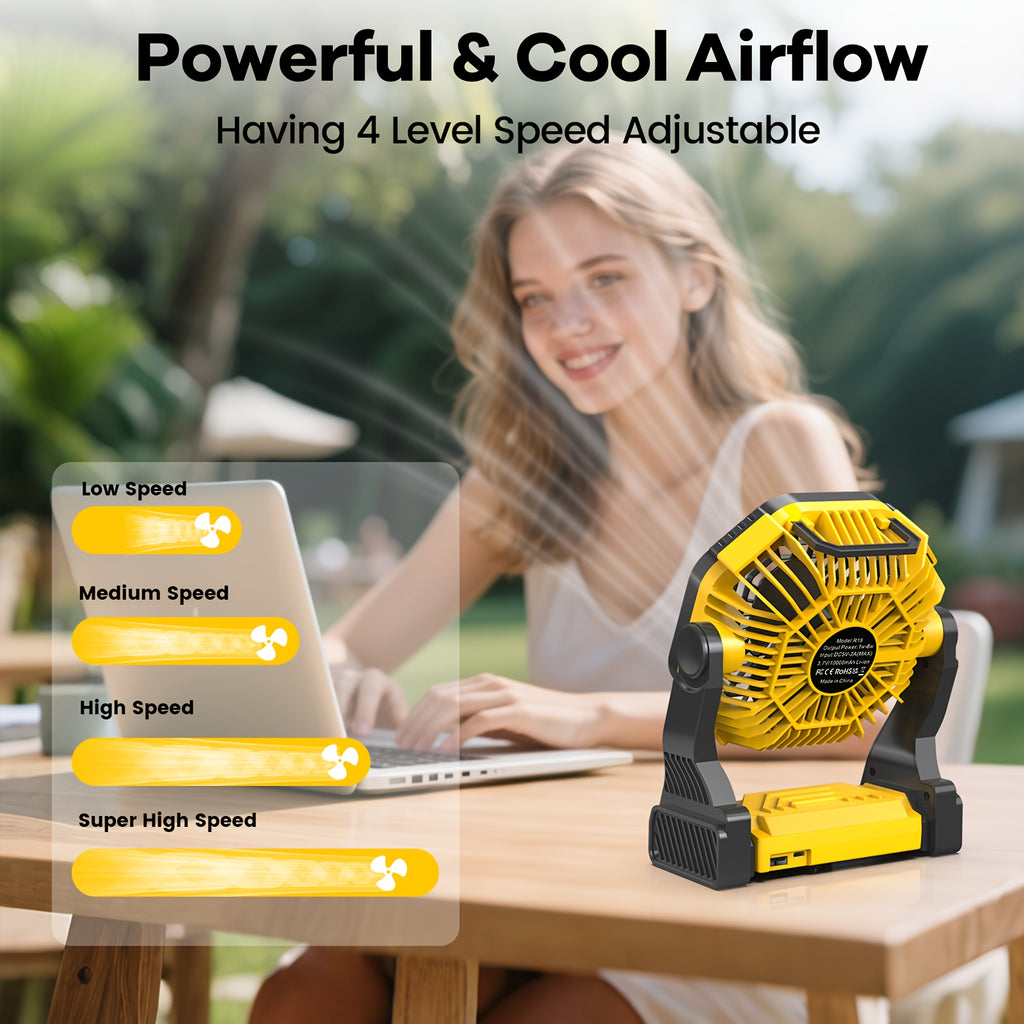 Portable Camping Fan with LED Light, USB Rechargeable, 4 Speed Adjustable, with Hook, for Picnic, BBQ, Fishing, Travel, Home, Tent