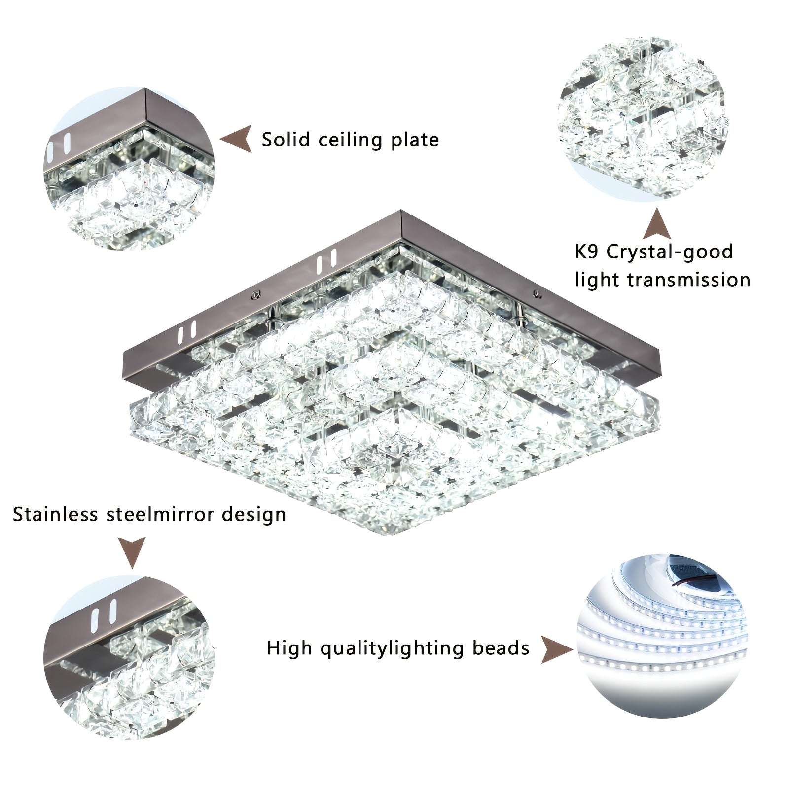 11.8" Elegant Crystal Chandelier LED Crystal Ceiling Light Modern Square Fixture, Suitable for Bedroom, Hallway, Kitchen and Office (6500K Cool White Light), Remote Control Not Included