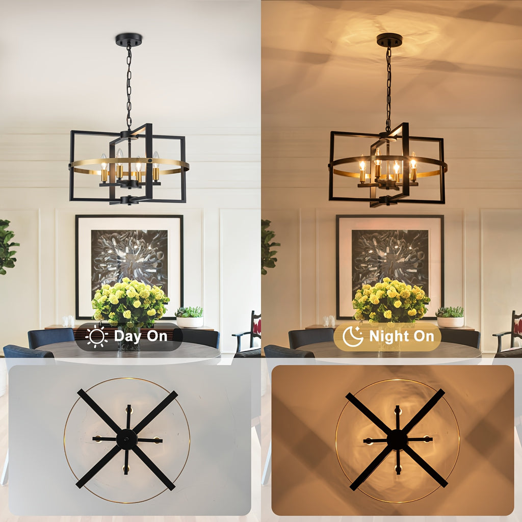 21.26-inch black gold modern farmhouse industrial pendant light - 4-light adjustable geometric design hanging lamp, polished metal + E12 bulb, suitable for kitchen island, dining room, front door entry, bedroom, dining room chandelier