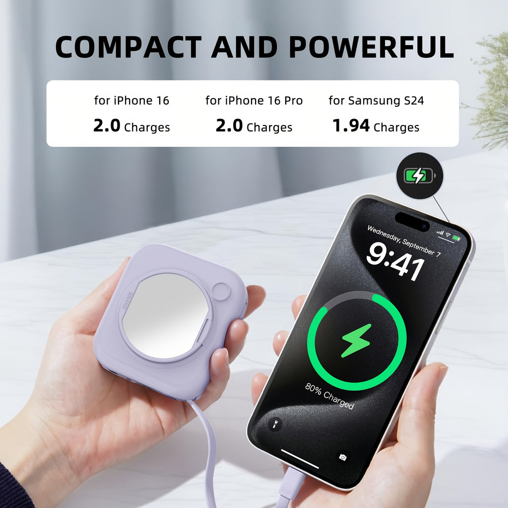 Portable Charger Built-in Cables With Foldable Mirror, 10000mAh Power Bank For I-Phone, Travel Essentials Battery Pack Fast Charging USB C, Phone Power Bank For Android