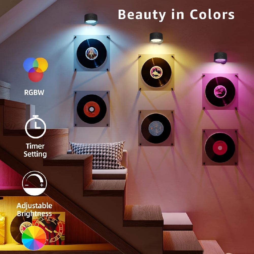 GVTCO Indoor Rechargeable LED Wall Light Multi-Color RGBW Wall Art Light, Portable Cordless LED Light, Dimmable with Remote Control Wall Light, 360° Rotation, USB Charging, 1200mAh, Wireless and Wall-Mounted