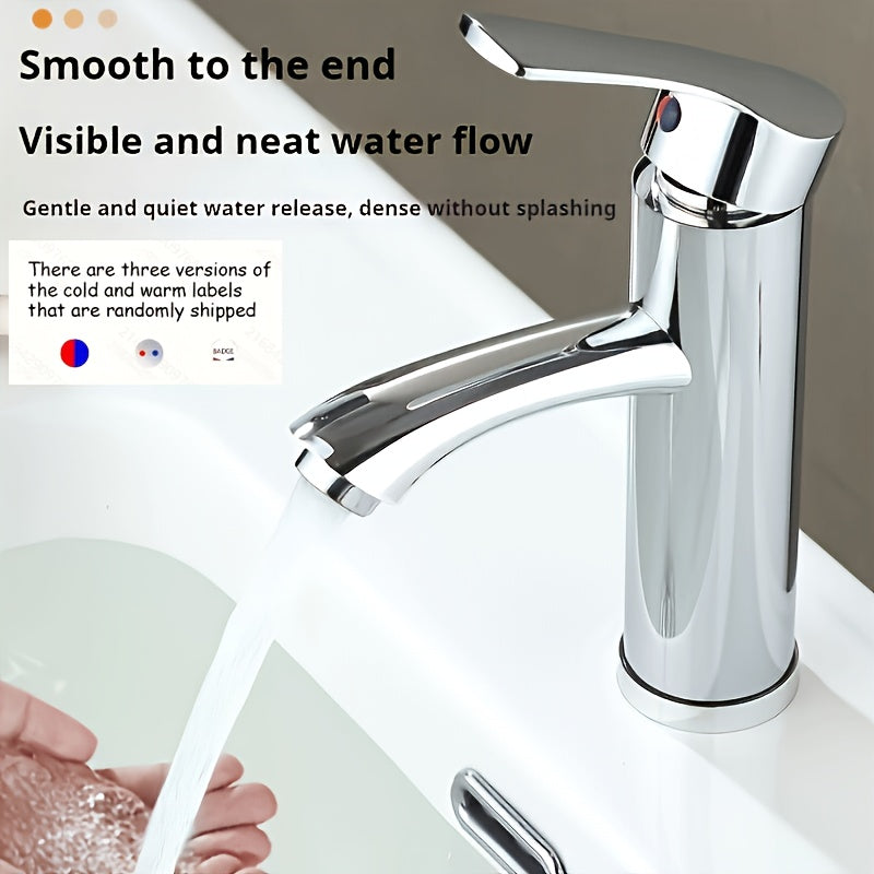 1 Modern Bathroom Faucet - Single Handle Round Deck Mount Mixer Basin Faucet, Hot & Cold Water, for Vanity, Sink Cabinet, Kitchen, Hotel, RV with Hoses