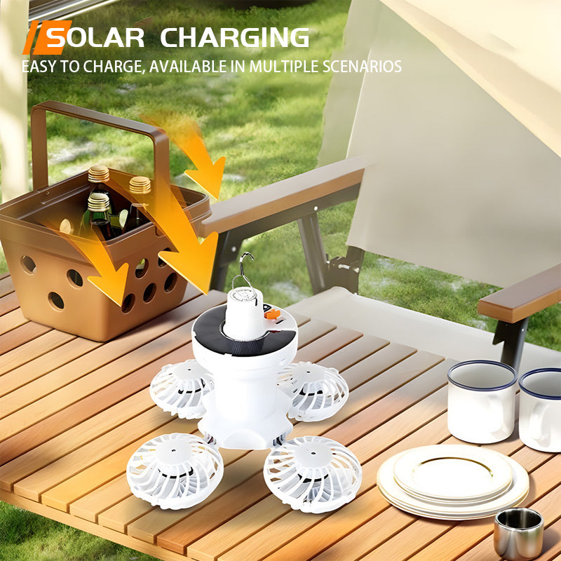 Solar Rechargeable Camping Light with Fan Function, Portable Foldable Flashlight, Hook Design, 3 Lighting Modes, Emergency Light for Night Fishing, Camping and Travel