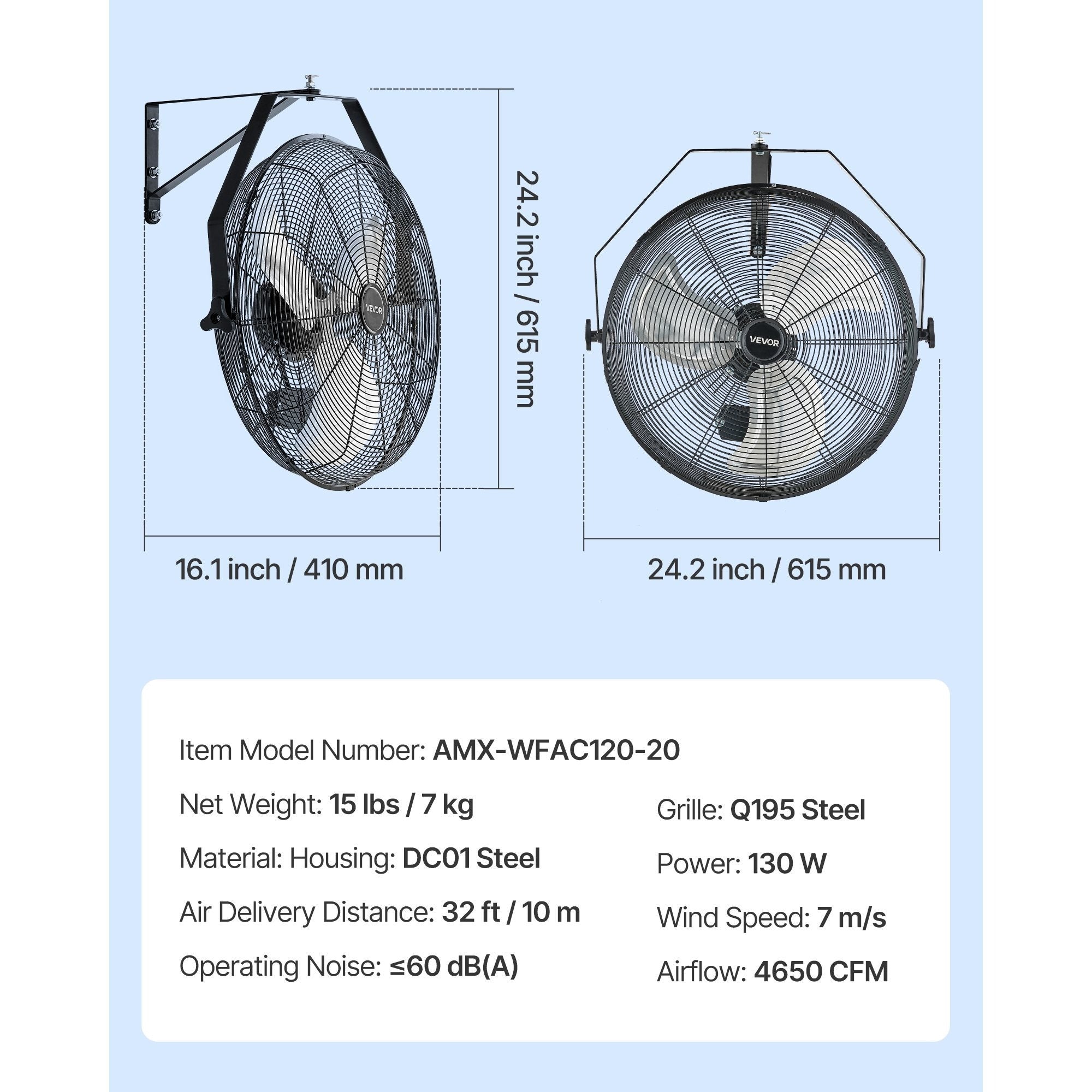 VEVOR 18" / 20" Industrial Wall Mount Fan, 3 Speeds, 4000 CFM / 4650 CFM, Garage Workshop Fan