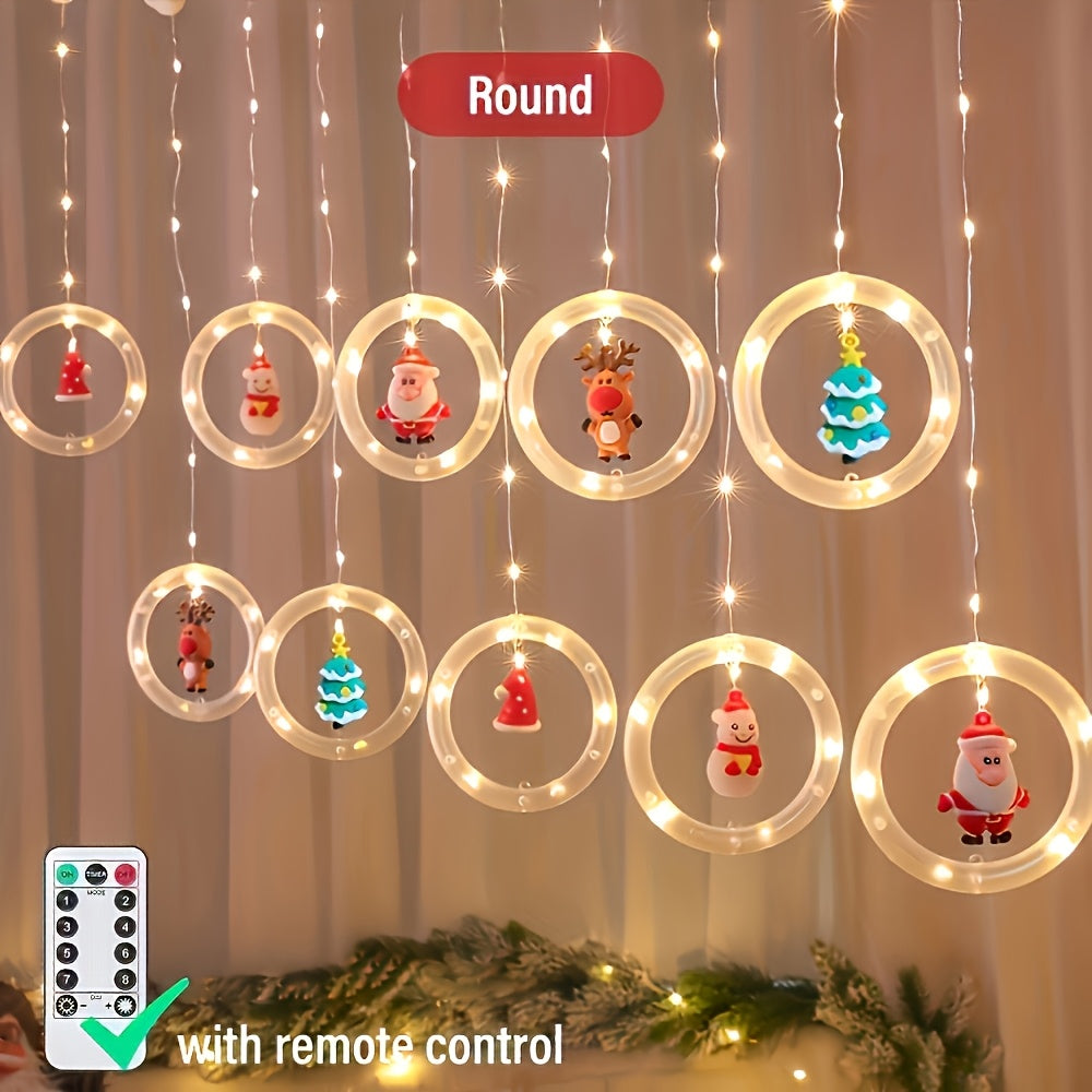 LED 窗帘灯，仿真星星 LED 灯串，带圣诞老人、雪人、麋鹿玩偶，USB 电源，带遥控器，可调光 8 种模式，适合圣诞节、卧室、新年礼物、派对婚礼使用